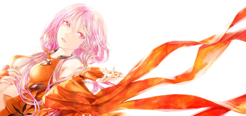 1girl bare_shoulders breasts bridal_gauntlets cropped_torso dress guilty_crown hair_between_breasts hair_between_eyes halter_dress halterneck hand_up highres long_hair looking_to_the_side low_twintails multicolored_eyes nail_polish orange_ribbon parted_lips pink_eyes pink_hair purple_eyes redjuice revealing_clothes ribbon simple_background sleeveless sleeveless_dress solo standing sway_back twintails two-tone_eyes very_long_hair white_background yuzuriha_inori