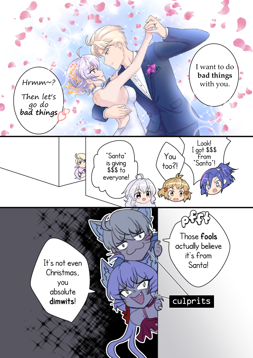 1boy 4girls absurdres ahoge axia-chan bare_shoulders blonde_hair blue_hair brown_hair comic dress english_text grey_dress grey_hair highres kazanari_tsubasa kazanari_tsubasa_(another) leopold_(symphogear) long_hair multiple_girls red_dress senki_zesshou_symphogear senki_zesshou_symphogear_xd_unlimited side_ponytail sidelocks tachibana_hibiki_(symphogear) yukine_chris yukine_chris_(another)