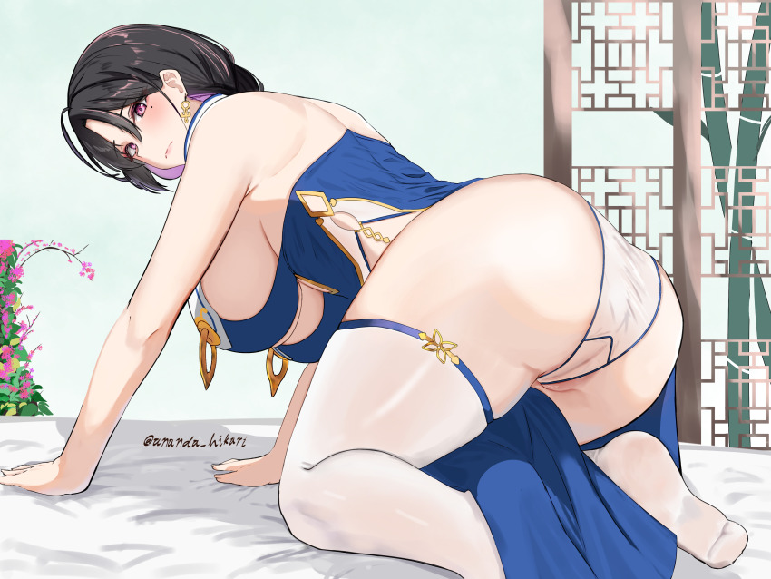 1girl absurdres all_fours ananda_hikari artist_name ass azur_lane bare_shoulders black_hair blue_dress breasts cameltoe china_dress chinese_clothes dress from_side highres large_breasts long_hair looking_at_viewer mole mole_under_eye purple_eyes solo thighhighs ting_an_(azur_lane) white_thighhighs
