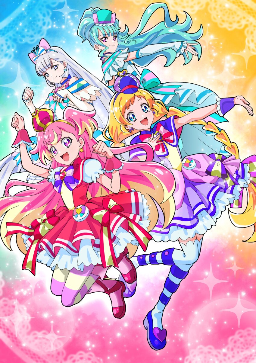 4girls absurdres aqua_bow aqua_bowtie aqua_hair aqua_hat arched_crown arm_up blonde_hair blue_choker blue_crown blue_eyes blunt_bangs boots bow bowtie braid brooch capelet choker commentary crown cure_friendy cure_lillian cure_nyammy cure_wonderful dress dress_bow earrings flat_cap gloves grey_hair hairband half_gloves hat heart heart_brooch highres inukai_iroha inukai_komugi jewelry jumping long_hair magical_girl medium_dress mini_crown multicolored_hair multiple_girls nekoyashiki_mayu nekoyashiki_yuki off-shoulder_dress off_shoulder pantyhose paw_pose petting pink_boots pink_crown pink_eyes pink_hair pink_pantyhose pointed_crown pouch precure purple_bow purple_bowtie purple_capelet purple_dress purple_eyes purple_hairband purple_hat purple_shoes red_bow red_bowtie red_dress shoes short_dress side_ponytail sparkle standing standing_on_one_leg straight_hair thighhighs tilted_headwear top_hat tsukikage_oyama twin_braids two-tone_hair two_side_up very_long_hair white_dress white_gloves white_thighhighs wonderful_precure! wrist_cuffs yellow_hairband yellow_pantyhose