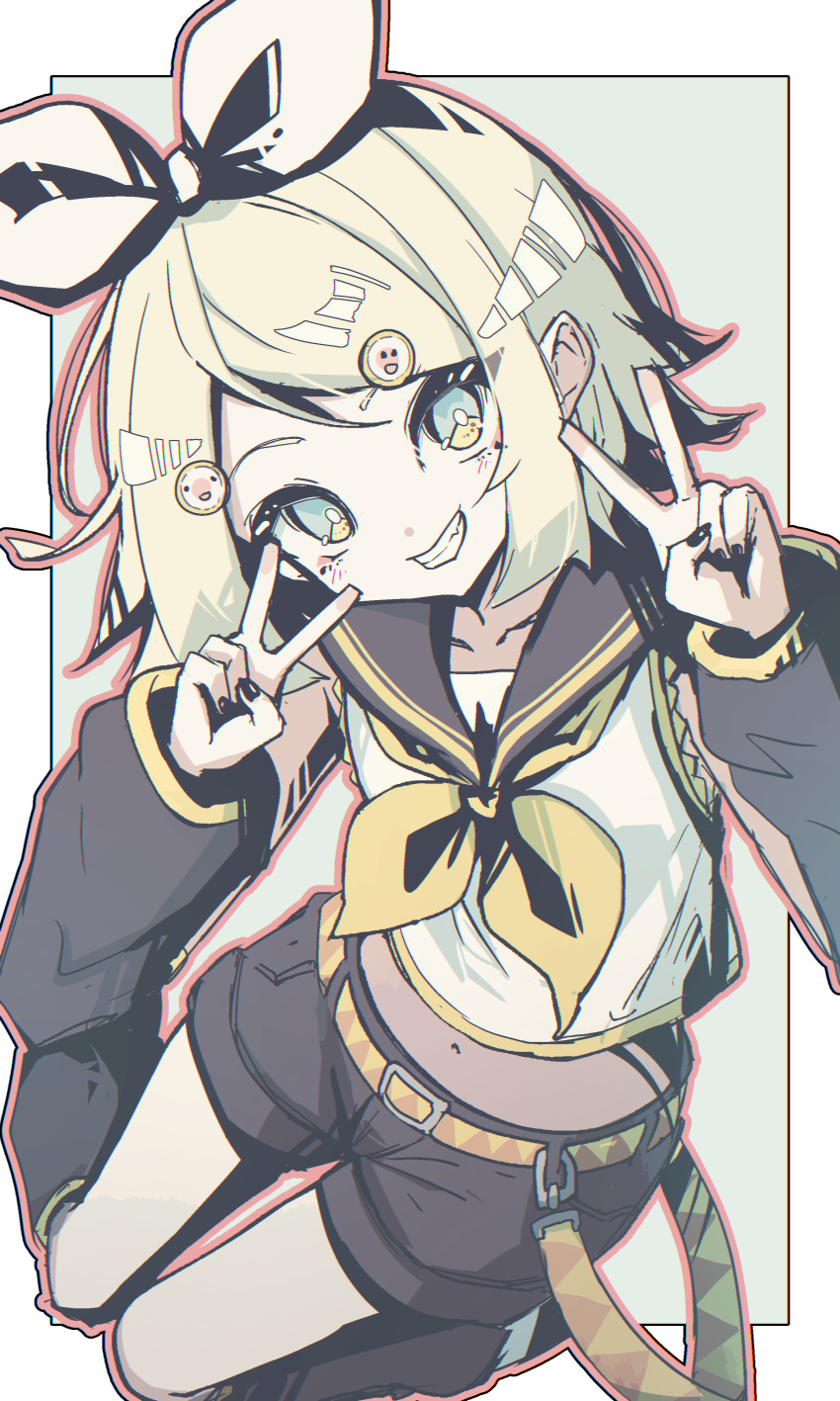 1girl absurdres bare_shoulders belt black_sailor_collar black_shorts black_sleeves blonde_hair blue_eyes bow collarbone detached_sleeves double_v dynamic_pose full_body hair_bow halka highres kagamine_rin looking_at_viewer medium_hair midriff muted_color navel outline outside_border red_outline sailor_collar shirt shorts sleeveless sleeveless_shirt solo v vocaloid white_shirt yellow_belt