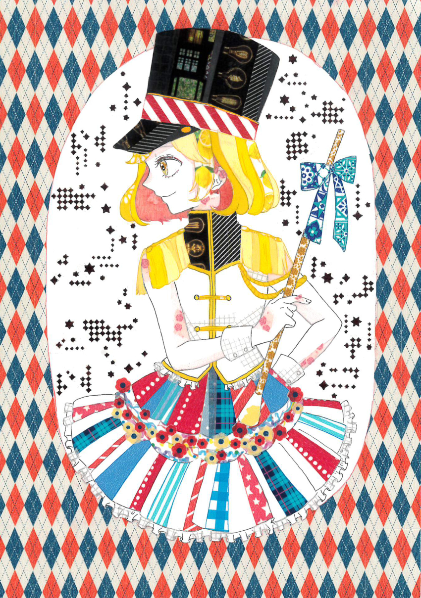 1girl 922pochan argyle_background black_hat blonde_hair blue_bow blue_skirt bow collared_jacket commentary_request epaulettes frilled_jacket frilled_skirt frills hat highres holding holding_brush jacket long_sleeves masking_tape_(medium) military_hat military_jacket multicolored_skirt original profile red_skirt short_hair sidelocks skirt smile solo traditional_media unconventional_media upper_body white_jacket white_skirt white_sleeve_cuffs yellow_eyes