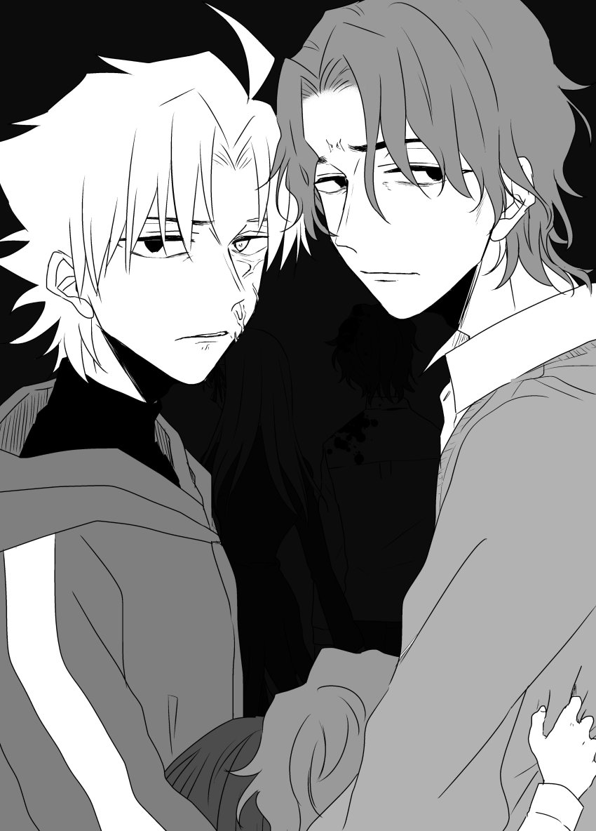 1girl 3boys absurdres ahoge brothers commentary fate/zero fate_(series) father_and_son greyscale highres hood hoodie hug matou_byakuya matou_kariya matou_sakura matou_sakura_(fate/zero) matou_shinji monochrome multiple_boys ronpaxronpa short_hair siblings sweater turtleneck turtleneck_sweater uncle_and_niece wavy_hair