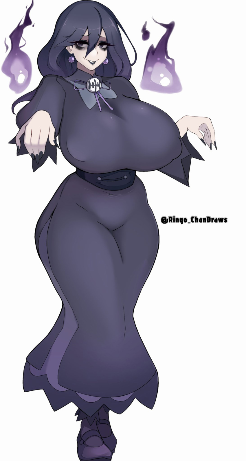 1girl bags_under_eyes black_eyeshadow black_lips black_nails breasts covered_erect_nipples dress earrings eyelashes eyeliner eyeshadow female_focus fingernails full_body goth_fashion hands_up hex_maniac_(pokemon) hex_maniac_(pokemon_legends:_z-a) huge_breasts jewelry lipstick long_fingernails long_hair long_sleeves looking_at_viewer makeup mature_female nail_polish nintendo pale_skin pokemon pokemon_legends:_z-a purple_dress purple_hair purple_shoes purple_thighhighs ringo-chan_(saikoaweonao23) shoes simple_background solo standing teeth thighhighs white_background wide_hips