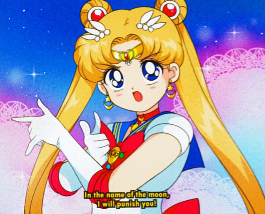 1990s_(style) 1girl back_bow bad_id bad_twitter_id bishoujo_senshi_sailor_moon blonde_hair blue_background blue_eyes blue_sailor_collar bow bowtie brooch choker circlet commentary_request crescent crescent_choker crescent_earrings determined dot_nose double_bun double_finger_gun earrings elbow_gloves english_text eyelashes fake_screenshot faux_retro_artstyle film_grain finger_gun gloves hair_bun hair_ornament honeymoonpetal jewelry lace_background leotard light_blush light_particles long_hair looking_at_viewer magical_girl official_style open_mouth pointing pointing_at_viewer red_bow red_bowtie red_choker retro_artstyle romaji_commentary sailor_collar sailor_moon short_sleeves solo sparkle star_(symbol) star_earrings tareme tsukino_usagi twintails upper_body very_long_hair white_gloves white_leotard