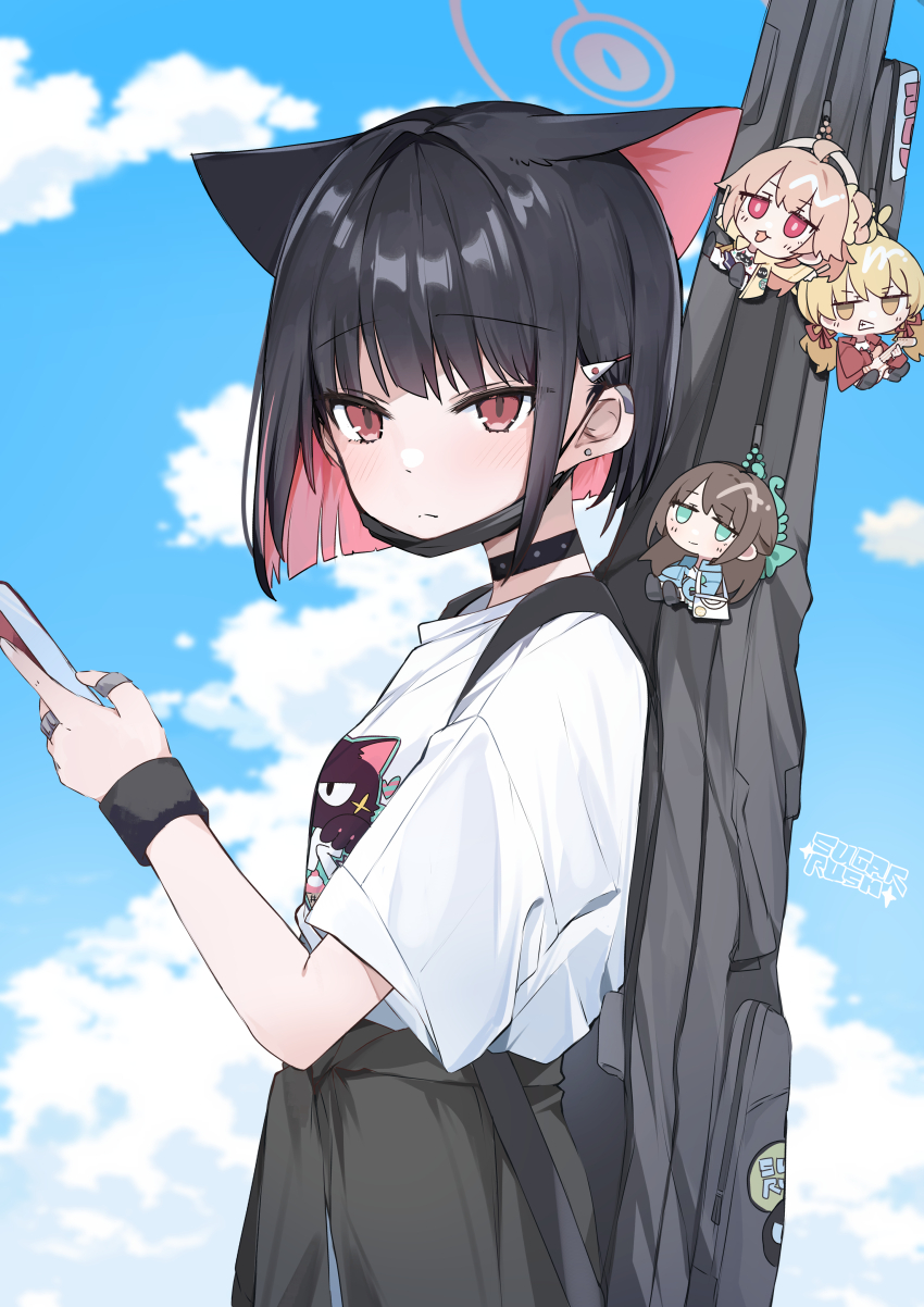 1girl absurdres airi_(band)_(blue_archive) airi_(blue_archive) animal_ears black_mask blue_archive cat_ears character_charm charm_(object) clothes_around_waist colored_inner_animal_ears colored_inner_hair extra_ears futagoma halo highres jacket jacket_around_waist kazusa_(band)_(blue_archive) kazusa_(blue_archive) mask_pull multicolored_hair natsu_(band)_(blue_archive) natsu_(blue_archive) official_alternate_costume solo yoshimi_(band)_(blue_archive) yoshimi_(blue_archive)