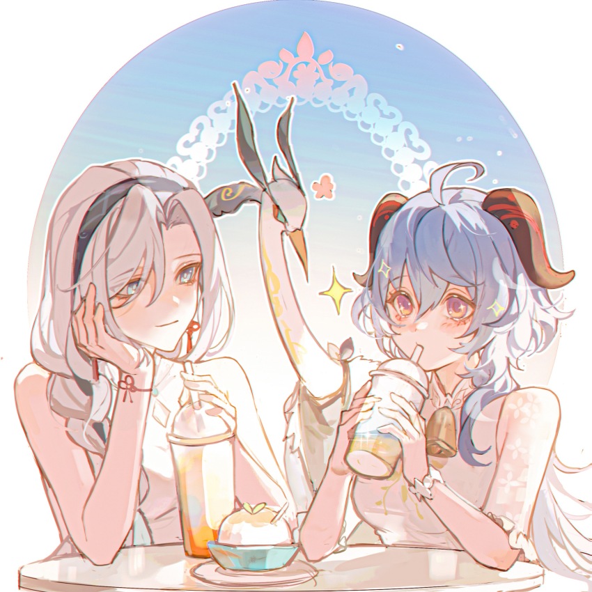 2girls absurdres ahoge alternate_costume bird black_hairband black_horns blue_eyes blue_hair bracelet braid chinese_knot chromatic_aberration closed_mouth cloud_retainer_(genshin_impact) crane_(animal) cup disposable_cup dress drinking drinking_straw drinking_straw_in_mouth earrings elbow_rest eyeliner flower_symbol flower_knot food frilled_sleeves frills ganyu_(genshin_impact) ganyu_(heytea)_(genshin_impact) genshin_impact goat_horns hair_between_eyes hair_over_shoulder hairband head_rest highres holding holding_cup horns iron_hailai jewelry long_hair looking_at_another makeup multiple_girls parted_hair plate purple_eyes red_eyeliner round_table see-through_clothes see-through_sleeves shenhe_(genshin_impact) shenhe_(heytea)_(genshin_impact) short_sleeves single_braid smile sparkle table white_dress white_hair xianyun_(genshin_impact)