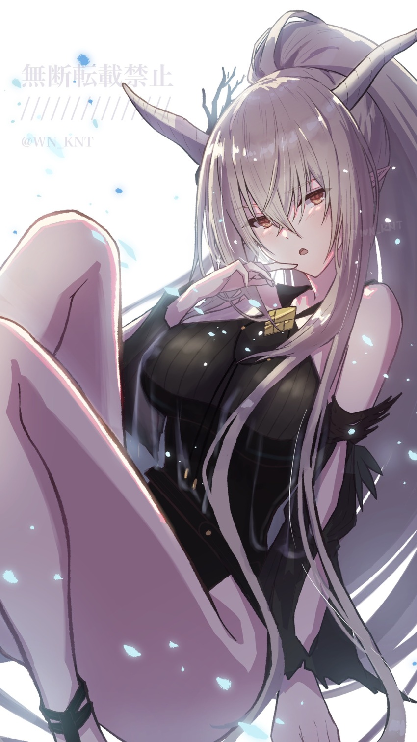 1girl arknights artist_name bare_shoulders black_one-piece_swimsuit breasts casual_one-piece_swimsuit demon_horns detached_sleeves grey_hair hair_between_eyes highres horns large_breasts long_hair looking_at_viewer official_alternate_costume one-piece_swimsuit orange_eyes pointy_ears ponytail ribbed_swimsuit shining_(arknights) shining_(silent_night)_(arknights) solo swimsuit very_long_hair wn_(wani-noko)