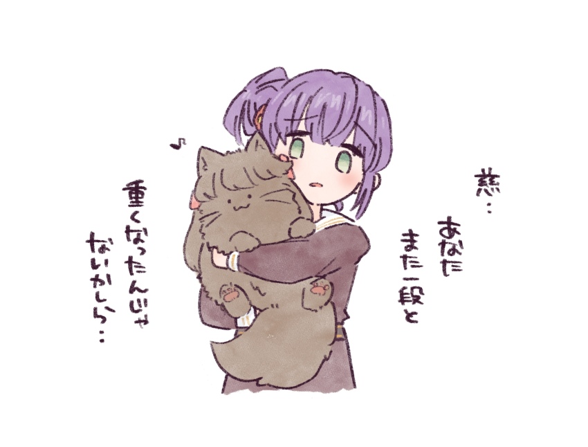 ._. 1girl :3 animal animalization brown_dress brown_hair cat commentary_request crossed_legs dress eighth_note flower fujishima_megumi green_eyes hair_bun hair_flower hair_ornament hasu_no_sora_school_uniform highres holding holding_animal holding_cat link!_like!_love_live! long_hair long_sleeves looking_at_animal love_live! mashikaku_(ma4kaku10fu) musical_note otomune_kozue parted_lips purple_hair red_flower sailor_collar sailor_dress school_uniform side_ponytail sidelocks simple_background single_side_bun standing translation_request two_side_up virtual_youtuber white_background white_sailor_collar winter_uniform