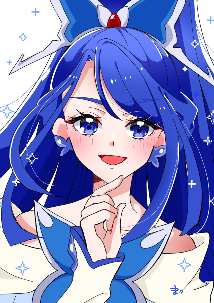 1girl bare_shoulders blue_eyes blue_hair blush butterfly_brooch butterfly_earrings butterfly_hair_ornament cure_aqua dress earrings hair_ornament high_ponytail highres jewelry long_hair looking_at_viewer magical_girl matsu_(horoyoitaina) minazuki_karen off_shoulder open_mouth ponytail precure signature smile solo sparkle upper_body very_long_hair white_background white_dress yes!_precure_5