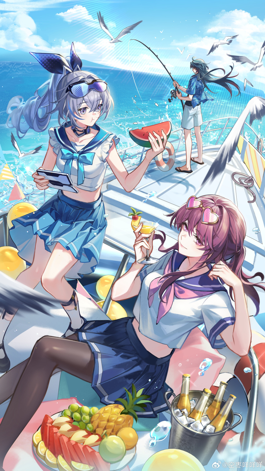 1boy 2girls absurdres alternate_costume apple apple_slice bird blade_(honkai:_star_rail) blue_sky boat bottle breasts cloud cocktail_glass cup drill_hair drill_ponytail drinking_glass eyewear_on_head fishing_rod food fruit grey_eyes grey_hair heart heart-shaped_eyewear highres holding holding_fishing_rod honkai:_star_rail honkai_(series) kafka_(honkai:_star_rail) kongzao martini medium_breasts midriff multiple_girls ocean pantyhose pineapple purple_hair school_uniform seagull serafuku silver_wolf_(honkai:_star_rail) sky watercraft watermark watermelon watermelon_slice weibo_watermark