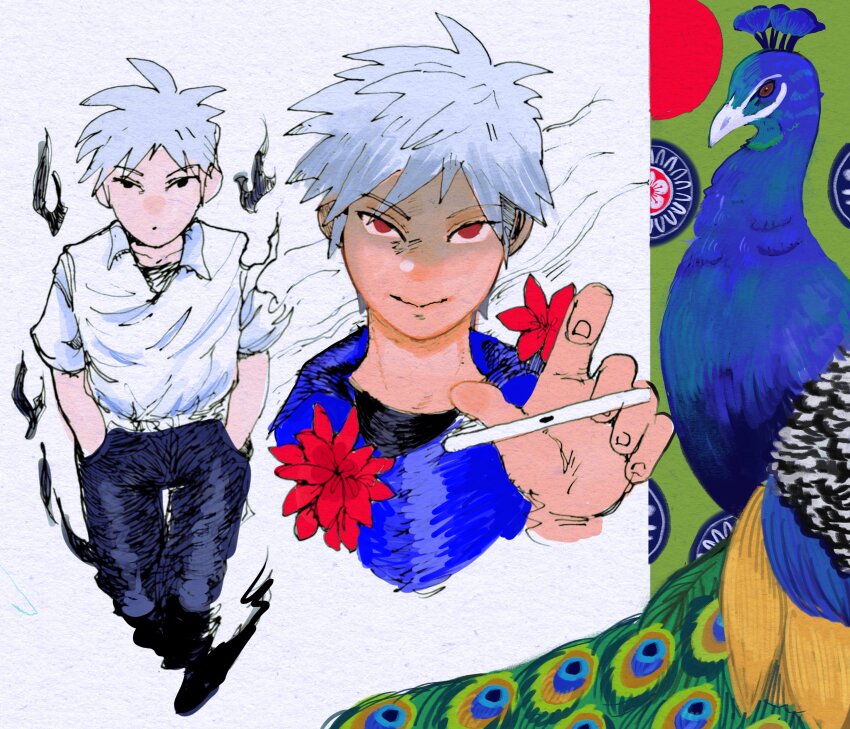 1boy absurdres akagi:_yami_ni_oritatta_tensai akagi_shigeru bird black_fire black_pants blue_shirt closed_mouth collared_shirt commentary fire flower fukumoto_mahjong grey_hair hands_in_pockets highres looking_at_viewer mahjong male_focus pants peacock red_eyes red_flower shaded_face shirt short_hair smile symbol-only_commentary tenbou tzk6996 upper_body white_background white_shirt