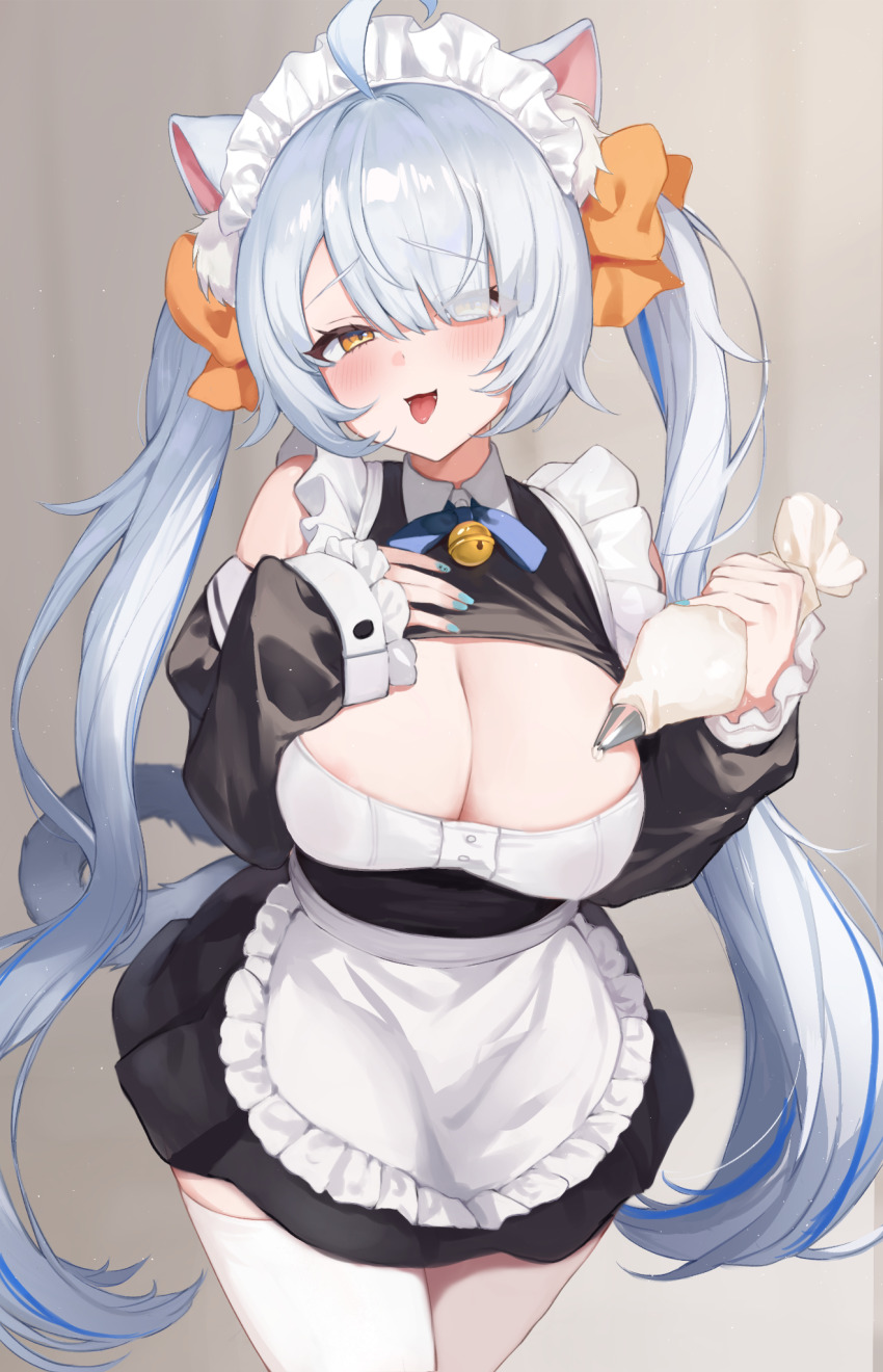1girl ahoge apron blue_hair breasts character_request commentary_request copyright_request curvy highres holding holding_pastry_bag large_breasts long_hair maid maid_headdress multicolored_hair pastry_bag solo standing streaked_hair taira555555 thighs twintails variant_set waist_apron whipped_cream white_hair
