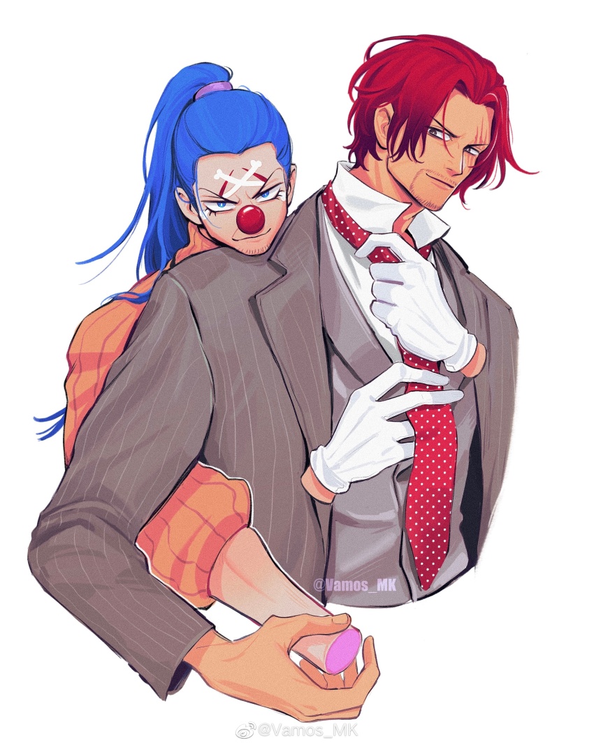 2boys absurdres blue_eyes blue_hair buggy_the_clown closed_mouth clown_nose facepaint gloves grey_jacket highres jacket long_hair long_sleeves male_focus multiple_boys necktie one_piece polka_dot_necktie ponytail red_hair ribbed_sweater scar scar_across_eye scar_on_face shanks_(one_piece) simple_background sparse_stubble sweater turtleneck turtleneck_sweater vamos_mk white_background white_gloves yaoi