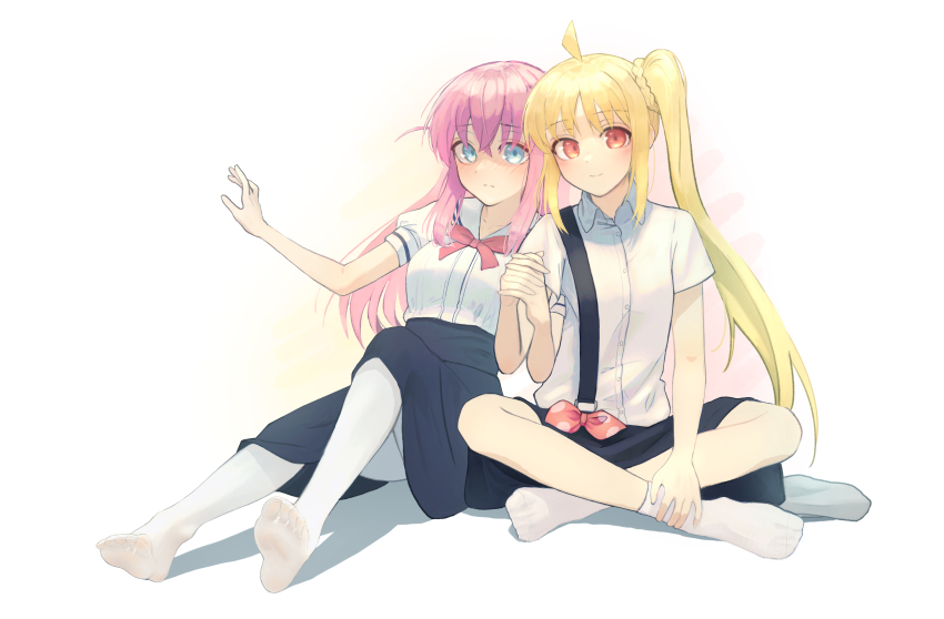 2girls absurdres ahoge black_skirt blonde_hair blue_eyes blue_skirt blush bocchi_the_rock! bow bowtie breasts closed_mouth collared_shirt crossed_bangs feet full_body gotoh_hitori hair_between_eyes hand_on_own_leg hand_up hands_up highres holding_hands ijichi_nijika indian_style kabanoki knee_up leaning_back legs long_hair medium_breasts multiple_girls no_shoes on_ground pantyhose pink_bow pink_bowtie pink_hair red_eyes sailor_collar school_uniform shadow shirt short_sleeves side_ponytail sidelocks sitting skirt small_breasts smile socks soles suspender_skirt suspenders toes very_long_hair white_pantyhose white_shirt white_socks