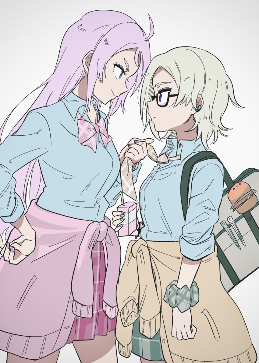 2girls ahoge alternate_neckwear bag blue_eyes blue_shirt bow bowtie brown_cardigan brown_necktie cardigan cardigan_around_waist closed_mouth clothes_around_waist clothes_grab collared_shirt commentary_request cowboy_shot dress_shirt eye_contact green_scrunchie grey_hair gyaru gyarugasaki hand_on_own_hip highres holding holding_juice_box juice_box kinasuzu55 kogal long_hair long_sleeves looking_at_another loose_bowtie loose_necktie love_live! love_live!_nijigasaki_high_school_idol_club mia_taylor miniskirt multiple_girls necktie neckwear_grab official_alternate_costume pink_bow pink_bowtie pink_cardigan pink_hair plaid_bow plaid_bowtie plaid_clothes plaid_necktie plaid_scrunchie plaid_skirt profile purple_eyes school_bag school_uniform scrunchie shirt short_hair sidelocks simple_background skirt sleeves_rolled_up smile standing v-shaped_eyebrows white_background wrist_scrunchie zhong_lanzhu