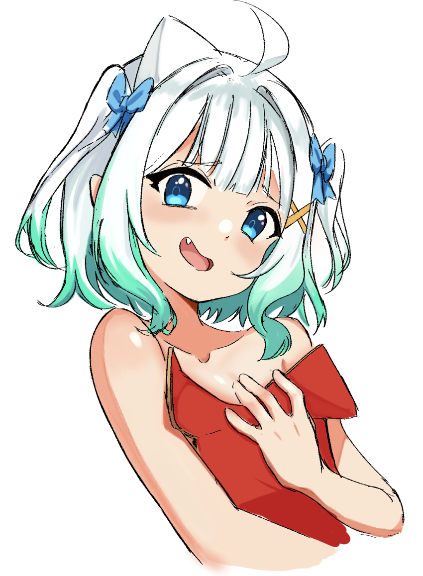 1girl ahoge blue_bow blue_eyes bow cardboard_cutout collarbone fang gradient_hair green_hair gustaflowart hair_bow hair_intakes hair_ornament highres holding holding_cardboard_cutout indie_virtual_youtuber looking_at_viewer mint_fantome mint_fantome_(minto_2.0) multicolored_hair nude open_mouth pointy_ears short_hair simple_background solo triangular_headpiece two_side_up virtual_youtuber white_background white_hair x_hair_ornament