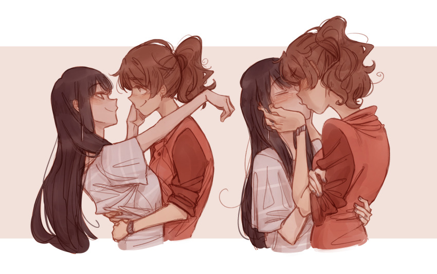 2girls black_hair blush brown_hair cropped_torso eye_contact grey_shirt gutalalaman hand_on_another&#039;s_back hand_on_another&#039;s_face hibike!_euphonium highres hug jewelry kiss kousaka_reina long_hair looking_at_another medium_hair multiple_girls oumae_kumiko ponytail red_shirt ring shirt short_sleeves smile striped_clothes striped_shirt watch wavy_hair wristwatch yuri