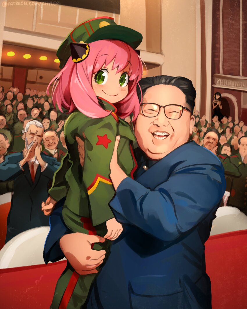 2girls 6+boys absurdres anya_(spy_x_family) asian black_hair blush formal_clothes glasses green_eyes green_headwear green_jacket hairpods hat henry_henderson highres indoors jacket khyle. kim_jong-un looking_at_viewer military military_uniform multiple_boys multiple_girls north_korea old old_man open_mouth pink_hair real_life short_hair smile spy_x_family suit teeth yor_briar