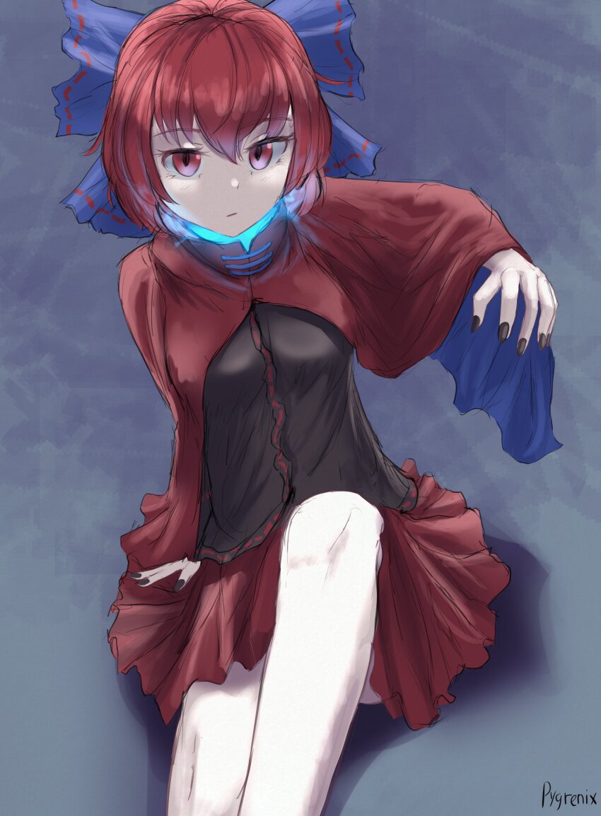 1girl absurdres black_nails black_shirt blue_bow bow cloak closed_mouth disembodied_head hair_bow hashtag-only_commentary highres long_sleeves looking_at_viewer pygrenix red_eyes red_hair red_skirt sekibanki shirt short_hair signature skirt solo touhou