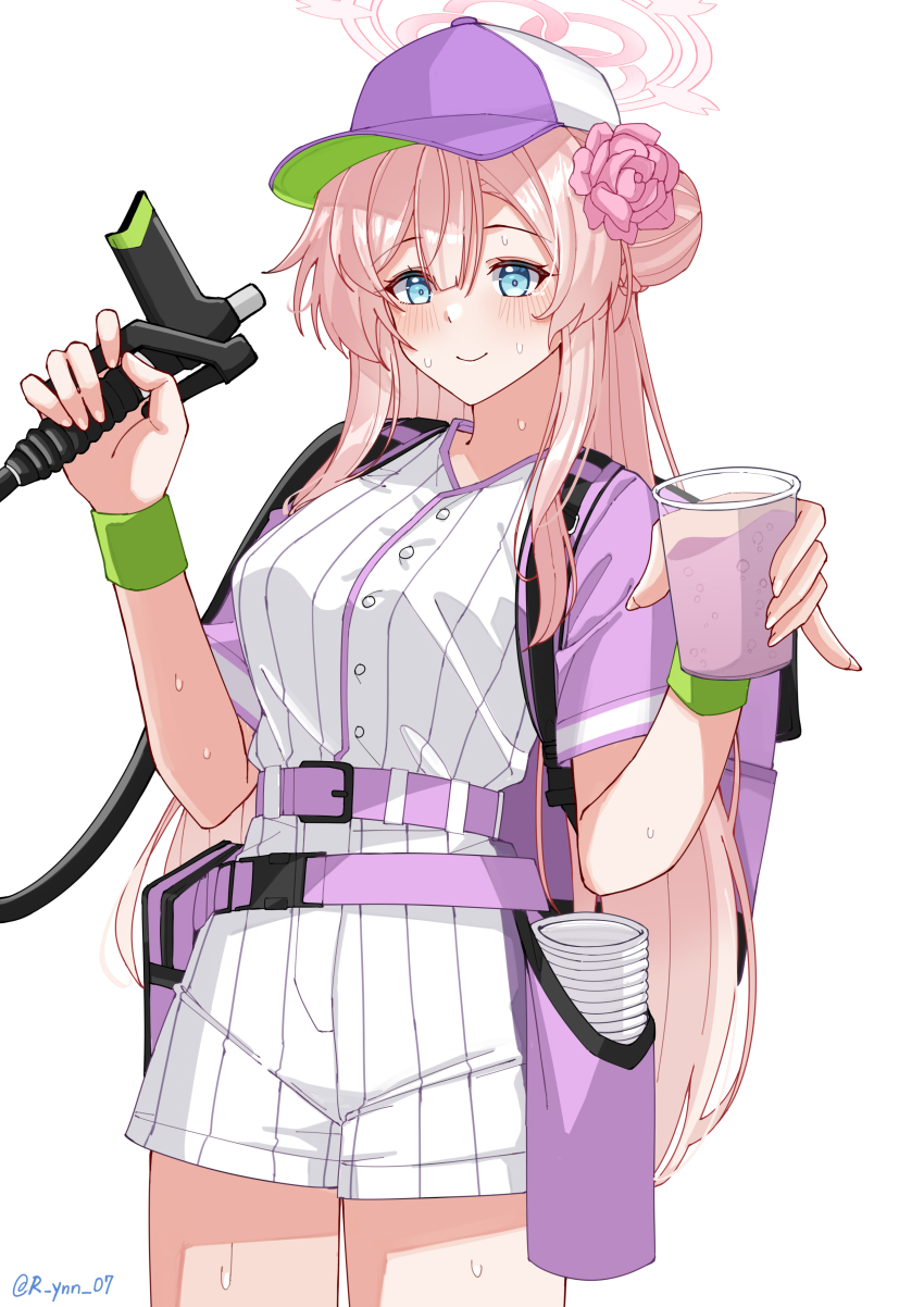 1girl absurdres baseball_cap baseball_jersey beer_tap blue_archive blue_eyes cosplay cup drink flower hair_flower hair_ornament hat highres holding holding_cup jersey mimori_(blue_archive) pink_flower pink_hair rynn_(darknescorez) shorts solo sumire_(blue_archive) sumire_(blue_archive)_(cosplay) sumire_(part-time)_(blue_archive) sweat white_background white_jersey white_shorts