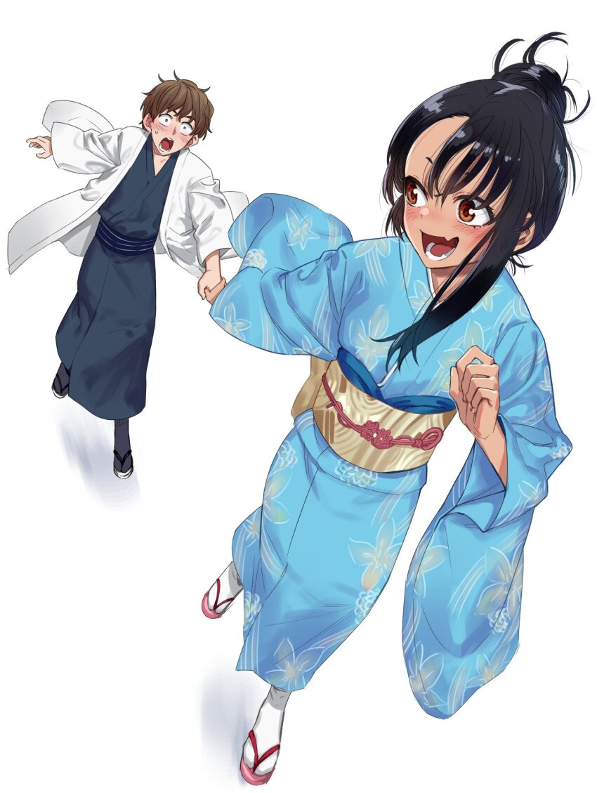 1boy 1girl 774_(nanashi) :d black_hair blue_kimono blush brown_eyes brown_hair commentary_request dark-skinned_female dark_skin eyelashes hachiouji_naoto happy hetero highres ijiranaide_nagatoro-san japanese_clothes kimono long_hair looking_at_another nagatoro_hayase official_art open_mouth sandals short_hair simple_background smile standing white_background yukata zouri