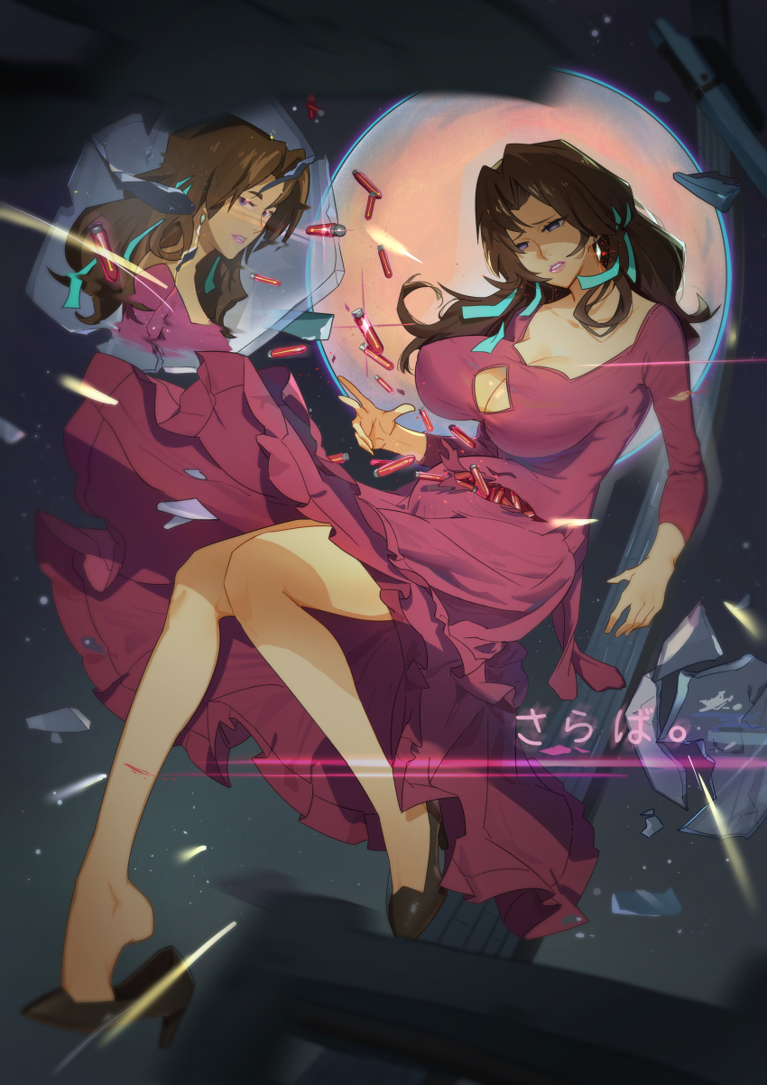 absurdres breasts broken_glass brown_hair cowboy_bebop dark-skinned_female dark_skin dress earrings floating glass highres jewelry katerina_solensan kiao233 large_breasts lips purple_eyes red_dress tan translation_request