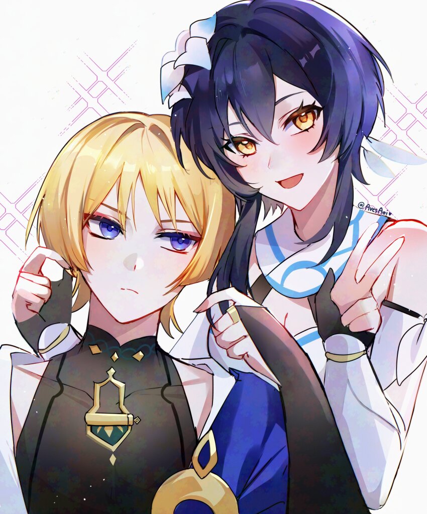 1boy 1girl absurdres alternate_hair_color arm_around_shoulder arm_cutout avesaoi bare_shoulders black_bodysuit black_bridal_gauntlets black_gloves blonde_hair blue_cape blue_flower blue_trim blunt_ends blush bodysuit breasts bridal_gauntlets cape cleavage closed_mouth covered_collarbone detached_sleeves diffraction_spikes dress eyeliner eyeshadow feather_hair_ornament feathers fingernails flower genshin_impact gloves gold gold_ring gradient_flower hair_between_eyes hair_color_switch hair_flower hair_intakes hair_ornament halterneck hands_up heavy_lens_flare highres japanese_clothes kimono lens_flare looking_at_another looking_at_viewer lumine_(genshin_impact) makeup mandarin_collar middle_ring multicolored_flower non-circular_lens_flare open_clothes open_kimono open_mouth partially_fingerless_gloves purple_eyes purple_hair red_eyeliner red_eyeshadow scaramouche_(genshin_impact) scarf short_hair short_hair_with_long_locks shoulder_peek sidelocks tsurime twitter_username v vambraces wanderer_(genshin_impact) white_background white_dress white_feathers white_flower white_kimono white_scarf wispy_bangs yellow_eyes