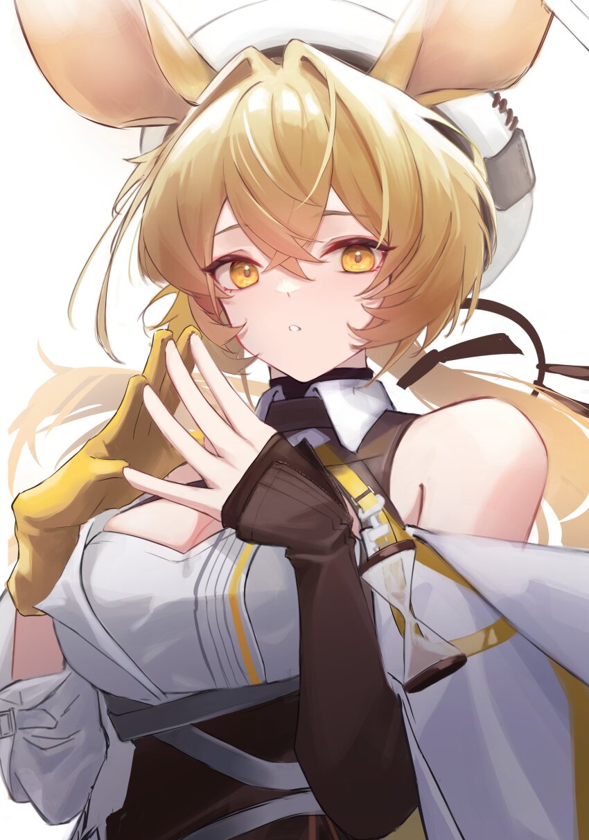 1girl absurdres animal_ears arknights bare_shoulders blonde_hair breasts cleavage cleavage_cutout clothing_cutout coat dorothy_(arknights) gloves highres large_breasts long_hair looking_at_viewer low_ponytail mouse_ears mouse_girl nekomatamago off_shoulder ponytail shirt simple_background single_glove sleeveless sleeveless_shirt solo steepled_fingers upper_body white_background white_coat white_headwear white_shirt yellow_eyes yellow_gloves