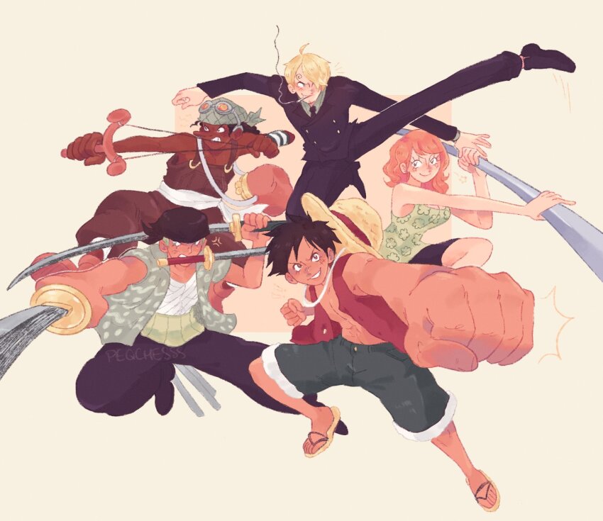 1girl 4boys anger_vein bag blonde_hair blue_shorts cigarette clenched_hand commentary dark-skinned_male dark_skin formal_clothes full_body haramaki highres holding holding_staff holding_sword holding_weapon leg_up long_nose looking_at_viewer monkey_d._luffy multiple_boys nami_(one_piece) nami_(one_piece)_(arlong_park) one_piece one_piece_(live_action) open_clothes open_shirt orange_hair peqchesss red_shirt roronoa_zoro sandals sanji_(one_piece) satchel shirt short_hair shorts simple_background smoke staff straw_hat_pirates suit sword usopp weapon weapon_in_mouth wristband