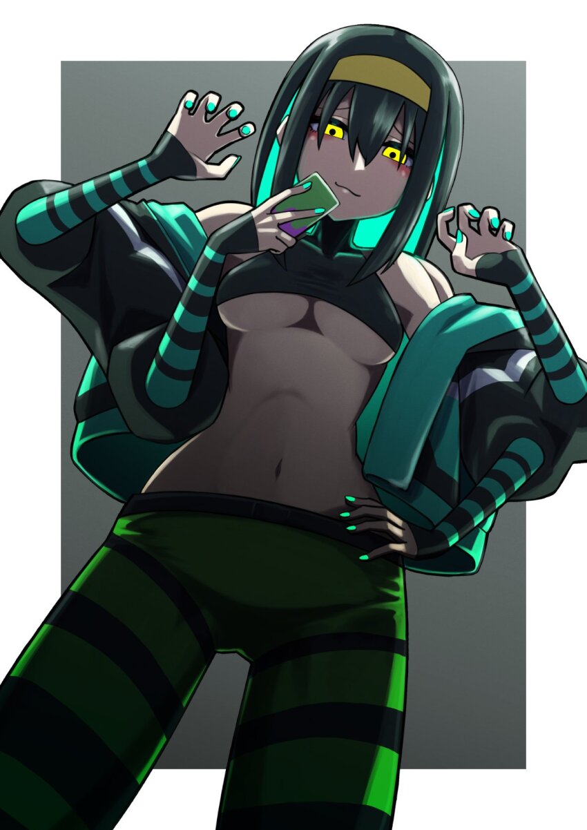 1girl :3 aqua_hair aqua_nails arm_warmers artist_name breasts claw_pose closed_mouth colored_inner_hair cowboy_shot extra_arms full_body glowing glowing_eyes glowing_hair glowing_nails gradient_background green_hair green_jacket green_pants grey_background hairband hand_on_own_hip hands_up highres holding holding_phone jacket looking_at_viewer luma_(toipokun_oyashi) medium_breasts medium_hair multicolored_hair original pants phone simple_background solo standing striped_arm_warmers toipokun_oyashi twitter_username underboob yellow_eyes yellow_hairband