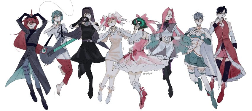 2boys four-finger_heart_hands 6+girls absurdres akemi_homura akemi_homura_(cosplay) akemi_homura_(magical_girl) alien_stage asymmetrical_gloves barefoot black_coat black_dress black_footwear black_gloves black_hair black_pantyhose black_shirt blowing_kiss blue_hair blue_skirt bob_cut clothing_cutout coat commentary cosplay dress english_commentary full_body gloves grey_hair grey_pants half-heart_hands heart heart_arms heart_hands highres ivan_(alien_stage) ivan_(alien_stage)_(cosplay) juliet_sleeves kaname_madoka kaname_madoka_(cosplay) kaname_madoka_(magical_girl) long_hair long_sleeves mahou_shoujo_madoka_magica middle_finger miki_sayaka miki_sayaka_(cosplay) miki_sayaka_(magical_girl) mizi_(alien_stage) mizi_(alien_stage)_(cosplay) multiple_boys multiple_girls off-shoulder_dress off_shoulder pants pantyhose pink_dress pink_hair pink_shoes ponytail puffy_short_sleeves puffy_sleeves purple_skirt red_dress red_footwear red_hair red_pants sakura_kyoko sakura_kyoko_(cosplay) sakura_kyoko_(magical_girl) shirt shoes short_hair short_sleeves shoulder_cutout simple_background skirt sleeveless sleeveless_dress socks sqwigeon sua_(alien_stage) sua_(alien_stage)_(cosplay) till_(alien_stage) till_(alien_stage)_(cosplay) twintails uneven_gloves very_long_hair very_short_hair white_background white_dress white_footwear white_shirt white_socks