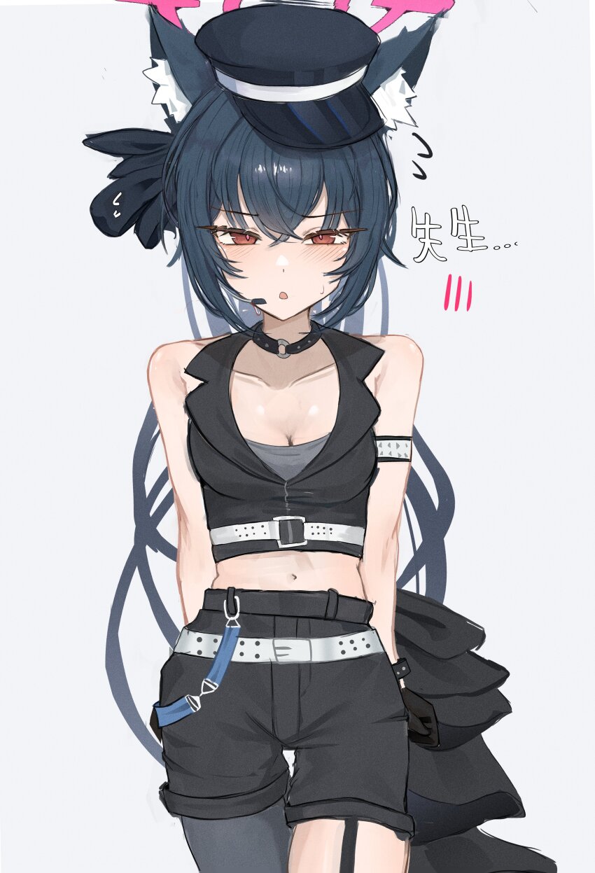 1girl absurdres animal_ear_fluff belt belt_around_waist blue_archive choker earpiece halo hat highres idol idol_clothes mouthpiece o-ring o-ring_choker official_alternate_hairstyle peaked_cap pink_halo qhle serika_(blue_archive) serika_(idol)_(blue_archive) solo translation_request white_belt