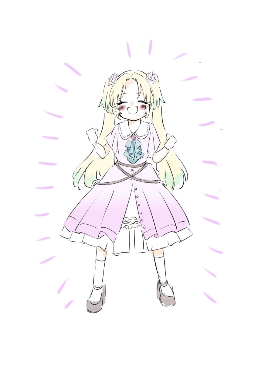 1girl :d blonde_hair blush brown_shoes dream_believers dress facing_viewer fang flower frilled_dress frills full_body gradient_hair green_hair hair_flower hair_ornament highres layered_dress link!_like!_love_live! long_hair love_live! medium_dress multicolored_hair official_alternate_costume open_mouth osawa_rurino parted_bangs pink_dress pink_flower shin_(shnnnnrn1) shoes short_sleeves simple_background smile socks solo twintails very_long_hair virtual_youtuber white_background white_socks