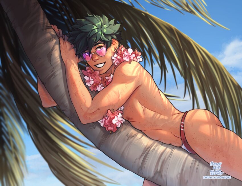1boy body_freckles boku_no_hero_academia cloud dappled_sunlight day earrings flower flower_necklace freckles green_hair heart heart-shaped_eyewear highres jewelry lei looking_at_another male_focus male_swimwear midoriya_izuku necklace nipples red_male_swimwear short_hair sky smile solo spacenipnops sunlight swim_briefs teeth thighs