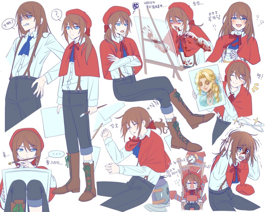 1boy alice_deross androgynous beret bleeding blood blood_from_mouth blood_on_clothes blood_on_face blood_on_hands blood_splatter blue_eyes boots bow brown_boots brown_hair canvas_(object) capelet chibi class016a crossed_arms crossed_legs crying denim easel edgar_valden hair_bow hat highres holding holding_brush holding_paintbrush identity_v injury jeans korean_commentary leo_beck long_hair long_sleeves nosebleed paint paintbrush painting_(action) pants ponytail portrait_(object) red_capelet shirt sitting sleeping solo solo_focus suspenders thinking trap white_shirt