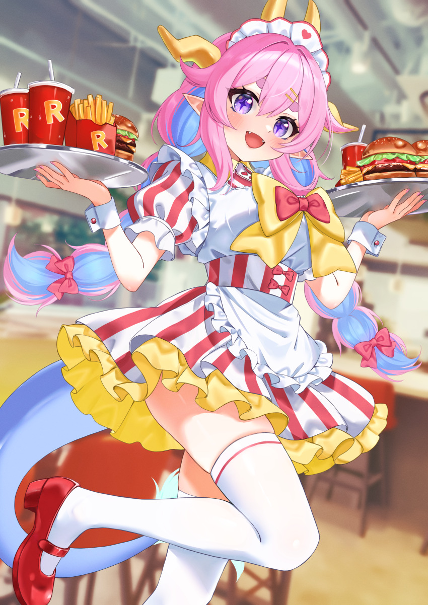 1girl 4kimizuki :d absurdres apron blue_hair blurry blurry_background blush borrowed_character bow bowtie breasts burger buttons ceiling chair counter cup disposable_cup double-parted_bangs dragon_girl dragon_tail dress fangs food framed_breasts french_fries frilled_apron frills hair_between_eyes hair_bow hair_flaps hands_up happy heart_button highres holding holding_tray horizontal-striped_dress horns indoors knee_up large_bow large_breasts long_hair looking_at_viewer mary_janes multi-tied_hair multiple_horns nail_polish open_mouth original pink_hair pink_nails pointy_ears purple_eyes purple_tail red_bow red_bowtie red_dress red_shoes second-party_source shoes single_sidelock smile solo standing standing_on_one_leg star-shaped_pupils star_(symbol) striped_clothes striped_dress symbol-shaped_pupils tail thighhighs tray tube_socks twintails two-tone_dress waist_apron waitress white_apron white_dress white_thighhighs white_wrist_cuffs wing_collar wrist_cuffs yellow_bow yellow_collar yellow_horns zettai_ryouiki