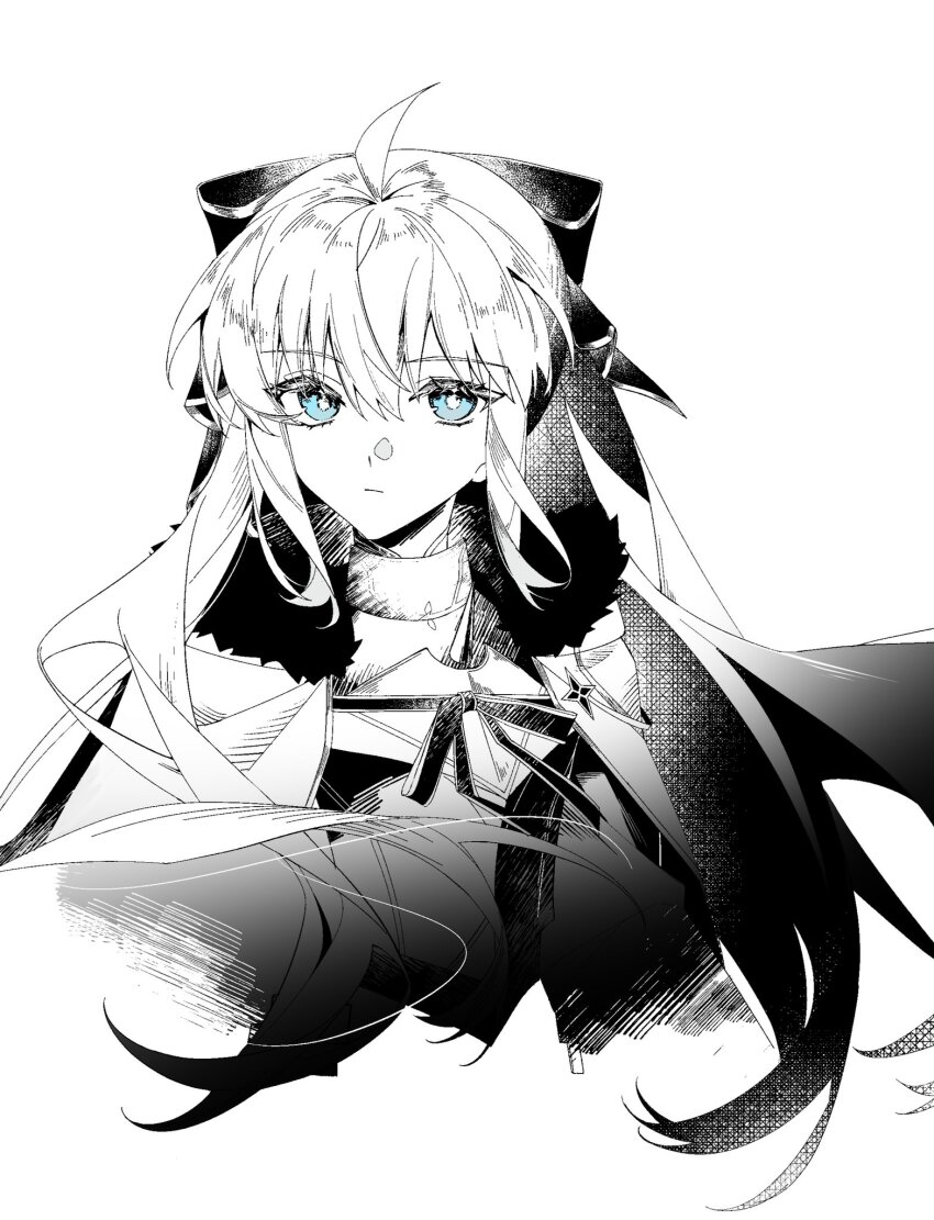 1girl aesc_(fate) aesc_(savior)_(fate) black_bow blue_eyes bow fate/grand_order fate_(series) fur_trim hair_between_eyes hair_bow highres idass_(idass16) looking_at_viewer monochrome ponytail simple_background solo spikes