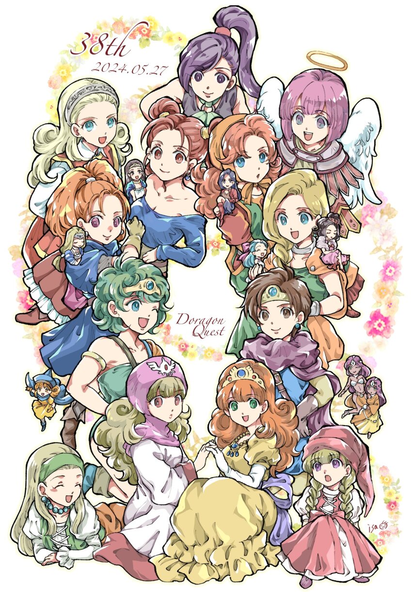 1980s_(style) 6+girls :d ^_^ aira_(dq7) alena_(dq4) anlucea anniversary barbara_(dq6) bianca_(dq5) breasts brown_hair character_request check_character cleavage closed_eyes commentary_request copyright_name dated deborah_(dq5) dragon_quest dragon_quest_ii dragon_quest_iii dragon_quest_iv dragon_quest_ix dragon_quest_v dragon_quest_vi dragon_quest_vii dragon_quest_viii dragon_quest_x dragon_quest_xi flora_(dq5) gloves green_eyes green_hair green_hairband grey_gloves hairband halo hat heroine_(dq3) heroine_(dq4) heroine_(dq9) high_ponytail highres holding_hands isa_(chiyo-s) jessica_albert manya_(dq4) maribel_(dq7) martina_(dq11) medea_(dq8) minea_(dq4) mini_person minigirl mireyu multiple_girls oldschool one_eye_closed open_mouth orange_eyes orange_hair pink_hair ponytail princess_laura princess_of_moonbrook purple_eyes purple_hair red_hat retro_artstyle senya_(dq11) sheath sheathed sitting smile sword teeth toned toned_female upper_teeth_only veronica_(dq11) weapon white_gloves wings witch_hat