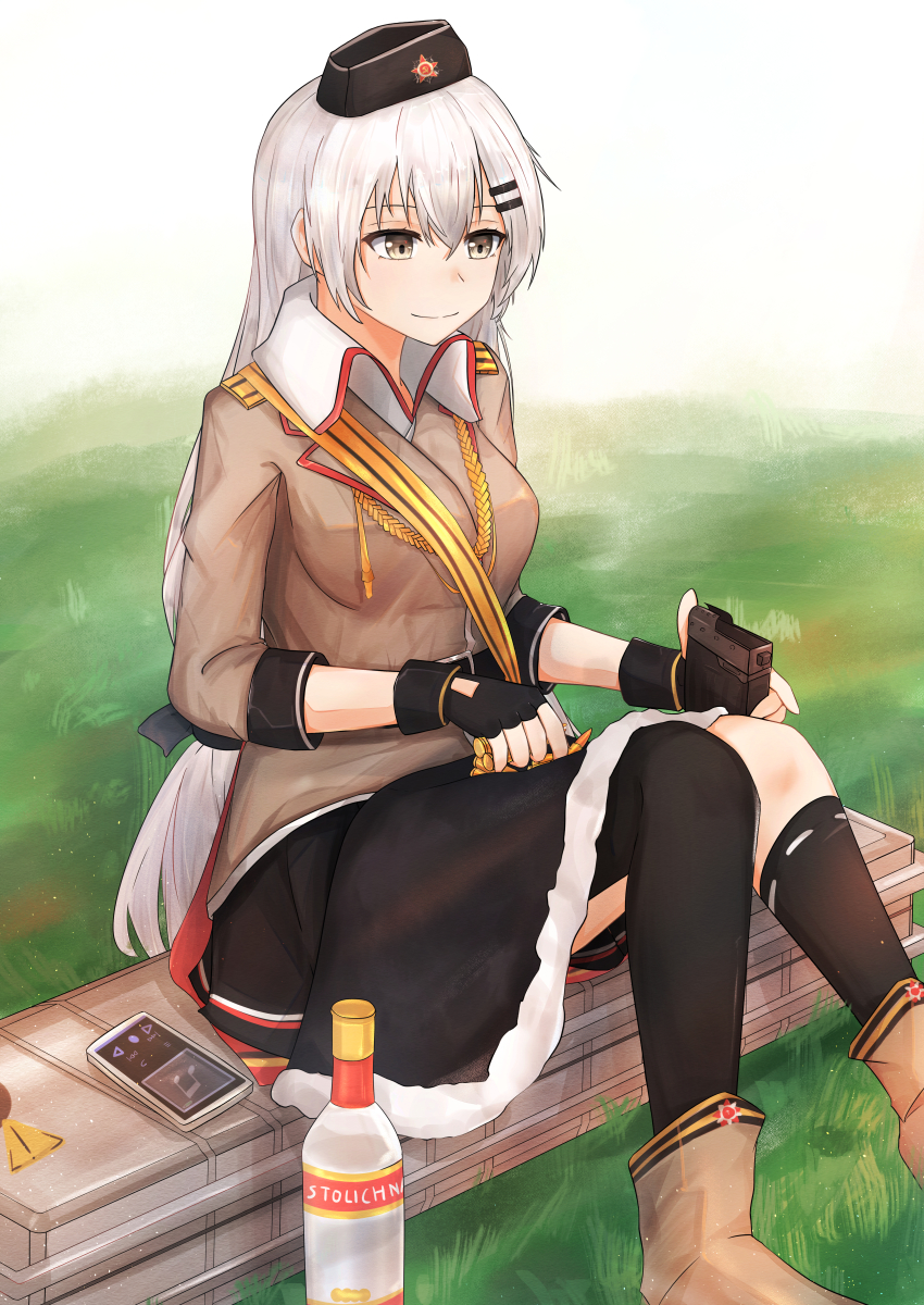 1girl absurdres alcohol black_gloves black_skirt black_thighhighs boots breasts brown_boots brown_jacket cellphone closed_mouth girls&#039;_frontline gloves grey_eyes grey_hair hat highres huge_filesize jacket long_hair looking_away medium_breasts military_hat muteppona_hito partially_fingerless_gloves phone red_star shirt sitting skirt smartphone solo soviet star_(symbol) stolichnaya_(vodka) svd_(girls&#039;_frontline) tape thighhighs uniform vodka weapon_case white_shirt