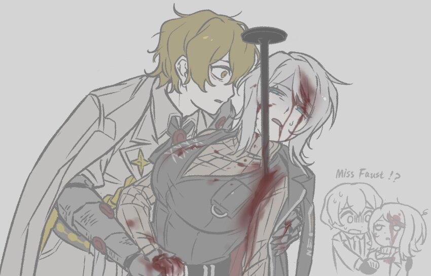 1boy 1girl black_coat black_vest blonde_hair blood blood_in_hair blood_on_clothes blood_on_face blue_eyes brown_sweater coat coat_on_shoulders collared_shirt deep_wound faust_(project_moon) gauntlets highres injury limbus_company looking_to_the_side n_corp._fanatic_(identity)_(project_moon) nail_(hardware) ohzv open_mouth project_moon ribbed_sweater shirt short_hair sinclair_(project_moon) stab sweater vest white_coat white_hair white_shirt yellow_eyes
