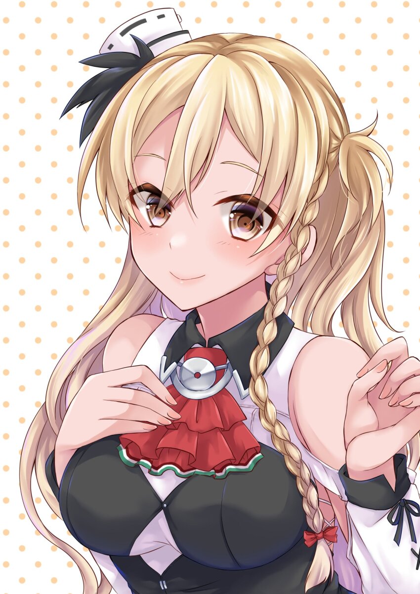 1girl ascot bare_shoulders blonde_hair blush braid breasts brown_eyes corset hair_between_eyes hat highres kanmiya_shinobu kantai_collection large_breasts long_hair long_sleeves looking_at_viewer mini_hat shirt side_braid smile upper_body wavy_hair white_shirt zara_(kancolle) zara_due_(kancolle)