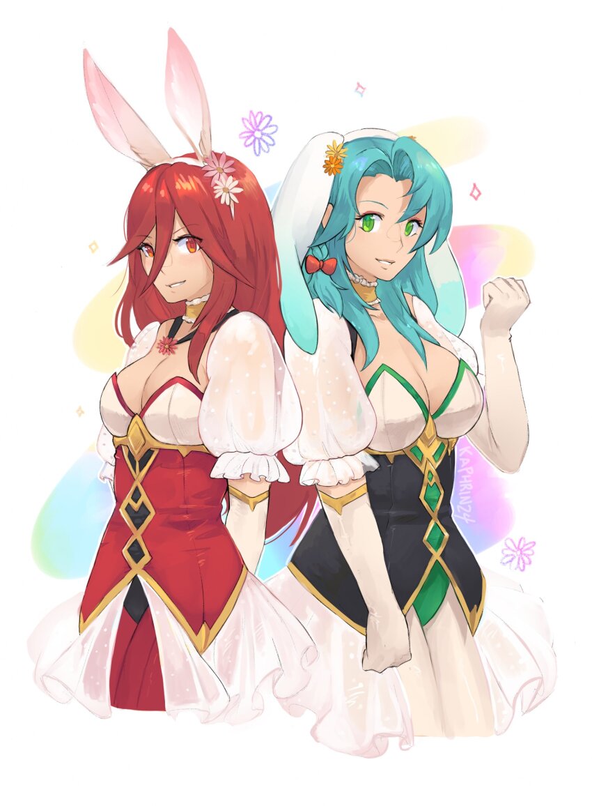 2girls absurdres animal_ears aqua_hair arms_behind_back bow breasts chloe_(fire_emblem) chloe_(spring)_(fire_emblem) choker cleavage commentary cordelia_(fire_emblem) cordelia_(spring)_(fire_emblem) english_commentary fake_animal_ears fire_emblem fire_emblem_awakening fire_emblem_engage fire_emblem_heroes gloves grin hair_bow hand_up highres kaphrin large_breasts long_hair looking_at_viewer medium_breasts multiple_girls nintendo official_alternate_costume puffy_short_sleeves puffy_sleeves red_bow red_eyes red_hair short_sleeves smile standing white_background white_gloves yellow_choker