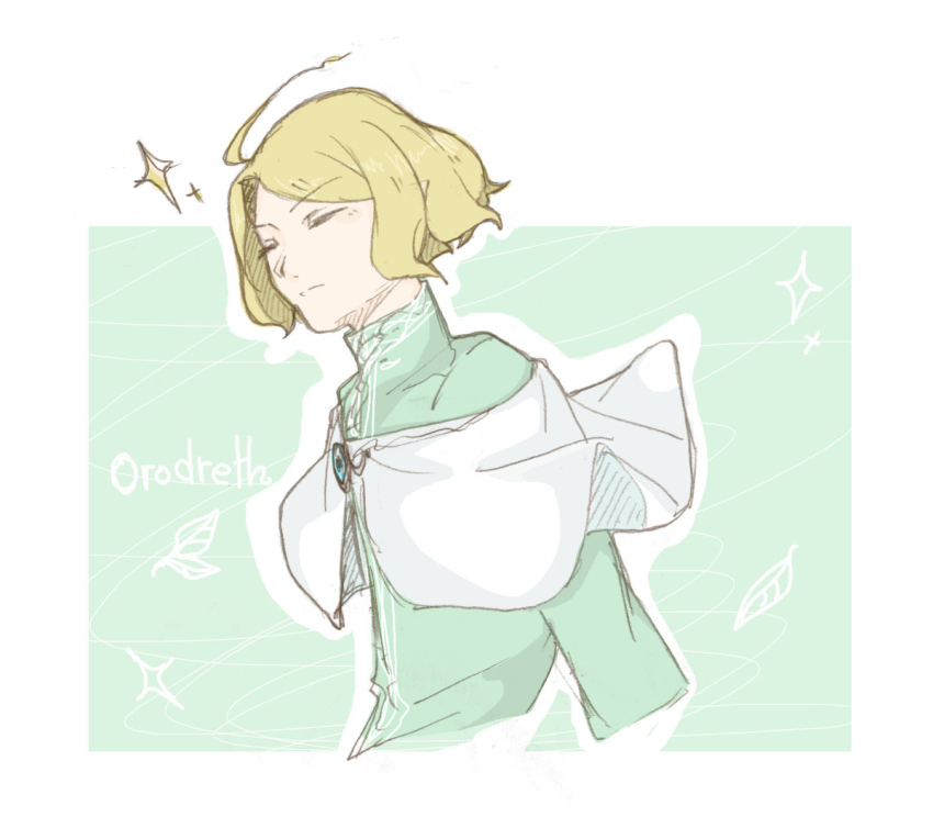 1boy blonde_hair blunt_ends character_name closed_eyes closed_mouth collar elf eyebrows_hidden_by_hair eyelashes floating_clothes leaf male_focus orodreth pixiv_id_43894224 pointy_ears solo sparkle the_silmarillion tolkien&#039;s_legendarium upper_body