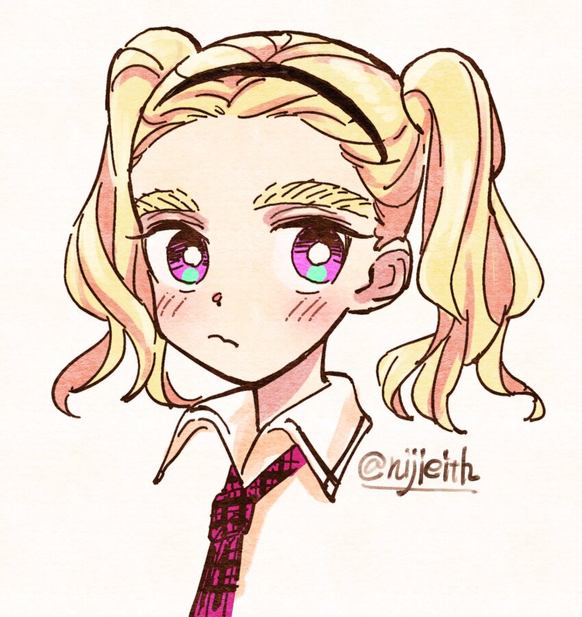 1girl blonde_hair blush eisu_(eith) eyelashes forehead hairband harsha_(eisu) highres long_hair necktie original portrait purple_eyes simple_background thick_eyebrows twintails white_background