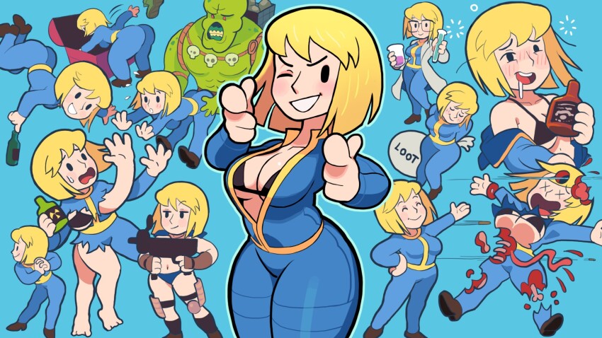 1girl beaker black_bra blonde_hair blue_background blue_bodysuit bodysuit bra breasts cleavage commentary drunk fallout fallout_4 gashi-gashi glasses highres looking_at_viewer medium_breasts multiple_views mutation navel one_eye_closed open_bodysuit open_clothes parted_lips short_hair simple_background smile squeans symbol-only_commentary treasure_chest underwear vault_girl