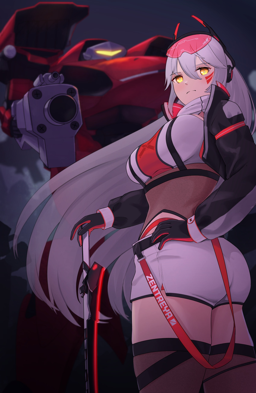 1girl absurdres armored_core ass black_gloves black_jacket black_thighhighs breasts closed_mouth cropped_jacket eienart gloves grey_hair hand_on_own_hip highres jacket large_breasts long_hair looking_at_viewer mecha red_gloves robot shirt shorts solo thighhighs very_long_hair virtual_youtuber vshojo white_shirt white_shorts yellow_eyes zentreya zentreya_(cyborg) zentreya_(cyborg)_(zen_2.0)
