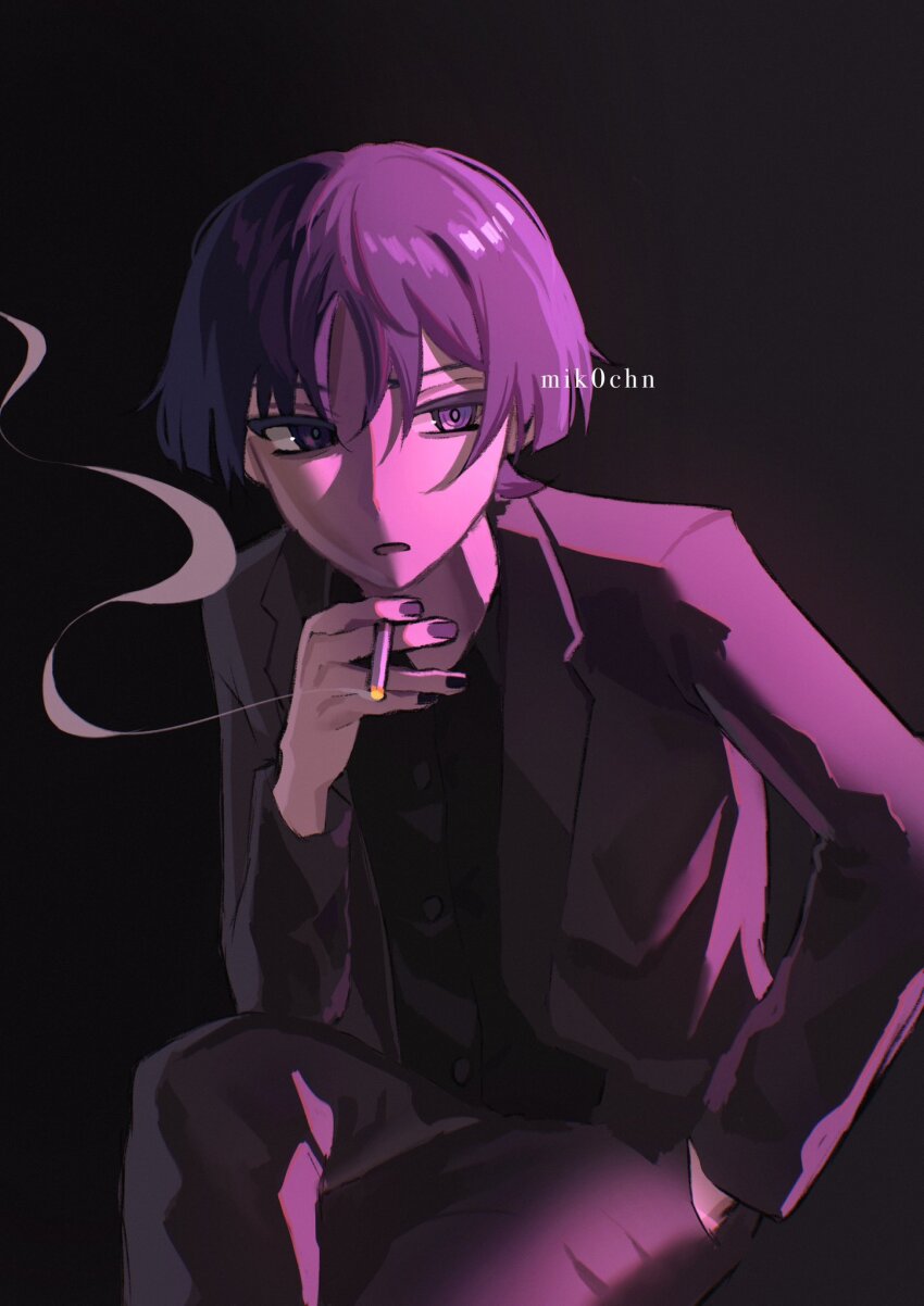 1boy alternate_costume artist_name black_background black_nails black_shirt black_undershirt blunt_ends cigarette contemporary dress_shirt elbow_on_thigh formal_clothes genshin_impact hand_in_pocket hand_up highres holding holding_cigarette jacket lapels long_sleeves looking_to_the_side male_focus mik0chn multicolored_nails open_clothes open_jacket open_mouth pants purple_eyes purple_hair purple_jacket purple_light purple_nails purple_pants purple_pupils purple_sleeves scaramouche_(genshin_impact) shirt sidelighting sideways_glance smoking solo suit_jacket