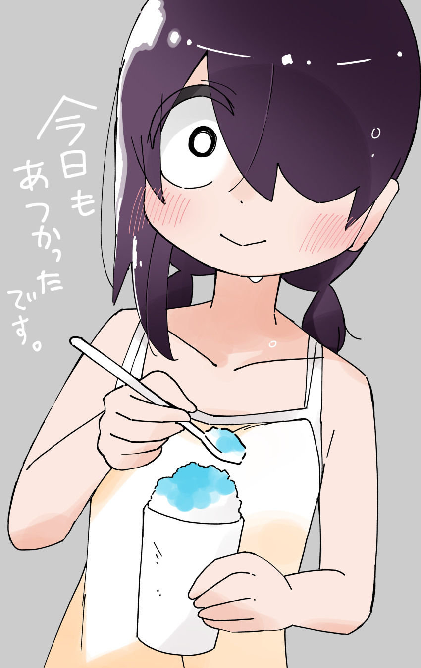 1girl absurdres closed_mouth cup food hair_over_one_eye highres holding holding_cup holding_spoon jijou_wo_shiranai_tenkousei_ga_guigui_kuru. kawamura_taku looking_at_viewer low_twintails medium_hair nishimura_akane one_eye_covered shaved_ice short_twintails smile solo spoon sweat twintails white_eyes
