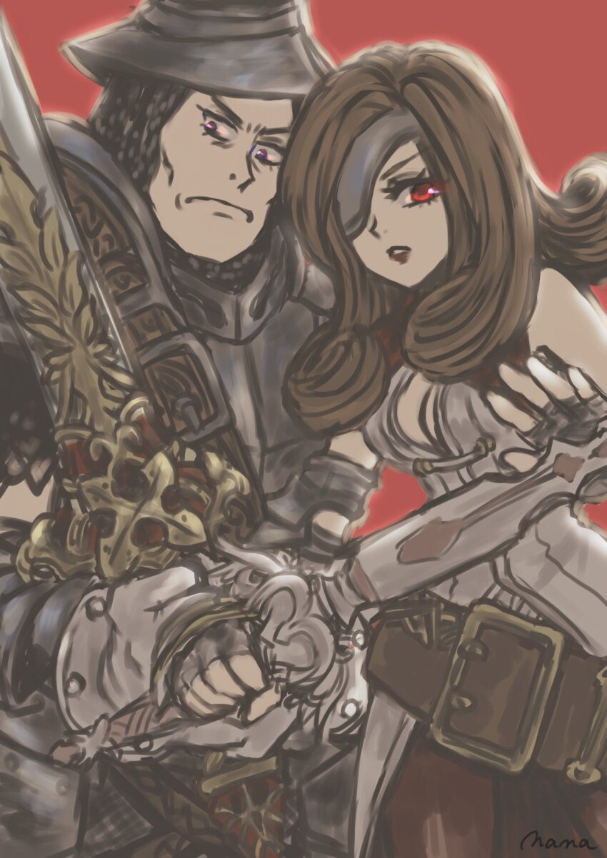 1boy 1girl adelbert_steiner armor beatrix_(ff9) belt breasts brown_hair chainmail eyepatch final_fantasy final_fantasy_ix gloves hat highres holding holding_sword holding_weapon knight long_hair open_mouth plate_armor red_background red_eyes sword u5apy0n weapon